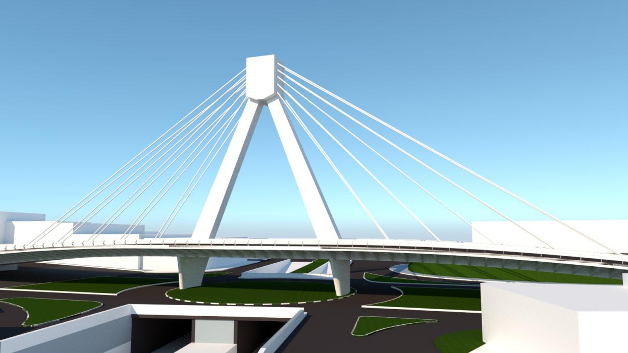 Maquete eletrônica de ponte estaiada de 300m de comprimento para empresa de engenharia.