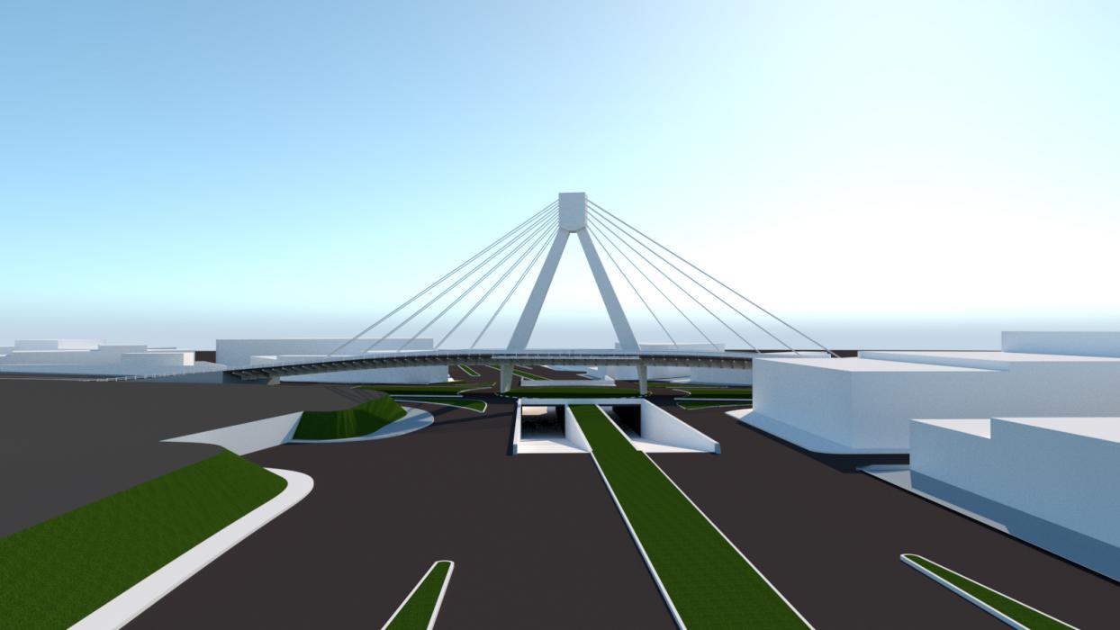 Maquete eletrônica de ponte estaiada de 300m de comprimento para empresa de engenharia.